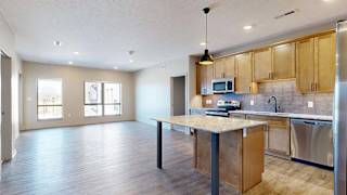 Bright open-concept apartment kitchen and living area with a center island, wood cabinetry, stainless steel appliances, pendant lighting, and large windows.