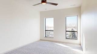 a bedroom with two tall windows and a ceiling fan