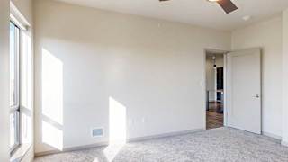 a bedroom with a window shining in, carpeted flooring, and a ceiling fan