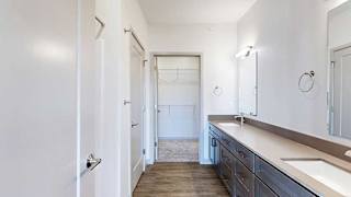 a bathroom with a double sink vanity and an attached walk-in closet
