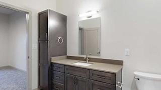 a bathroom with a sink, mirror, and tall storage cabinet