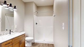 A bathroom with a walk-in shower with black fixtures.
