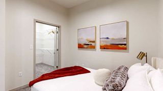 a bedroom featuring a bed with framed artwork above and modern decor accents, and a walk-in closet