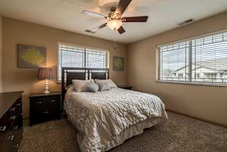 a bedroom with a bed and a ceiling fan