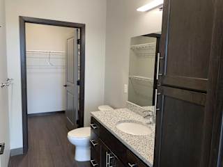 Bathroom with cabinet storage, light counters, and a connected walk in closet
