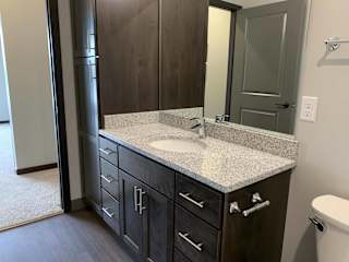 bathroom with warm brown cabinets and lots of cabinet and linen storage