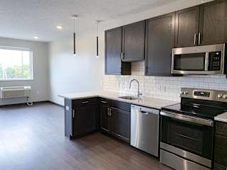 Kitchen looking into the combined living and sleeping area in a studio apartment