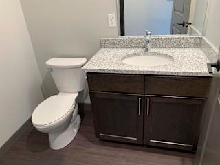 Bathroom with dark brown vanity and large mirror