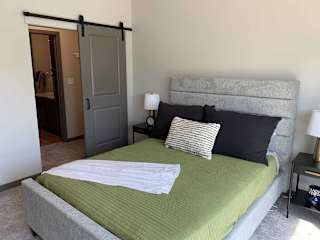 a bedroom with a bed and a closet with sliding barn door