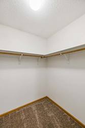 Walk-in apartment closet with carpeted flooring, wraparound hanging rods, and ample storage space for clothing and organization.