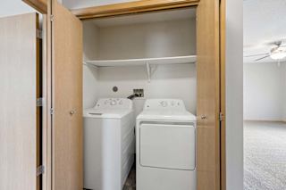 Apartment laundry closet with side-by-side washer and dryer, a built-in shelf above, and wood bifold doors for convenient in-home laundry access.
