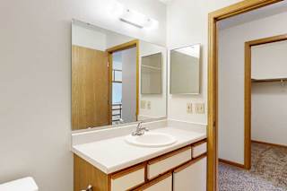 A vanity area with large mirror, single sink, and wood cabinetry
