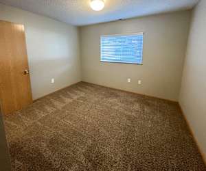A bedroom with a carpeted floor and a window with blinds.