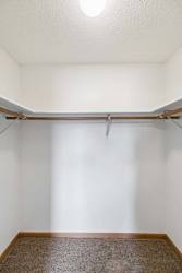 A white wall with a brown carpet and a wooden shelf.