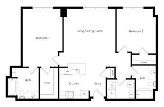 the two-bedroom Charlotte floor plan at Midtown Crossing Apartments in Omaha, NE