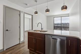 A modern kitchen with a stainless steel dishwasher and wooden cabinets.