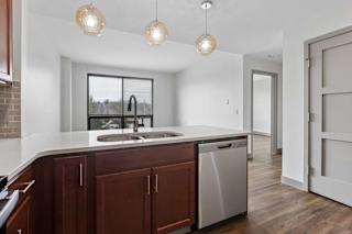 A kitchen with brown cabinets and a stainless steel dishwasher.