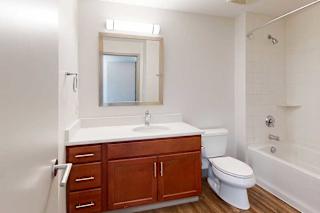 A bathroom with a granite vanity, warm wooden cabinets, and a tub shower.