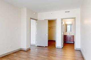 A bedroom with hardwood-style flooring, a spacious walk-in closet, and an ensuite bathroom.