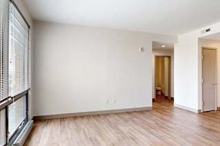 A living room with hardwood-style flooring and a floor-to-ceiling window.