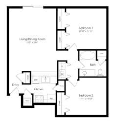 the 2-bedroom, 1-bathroom, 957 square feet Stanton floor plan at Pine Lake Heights apartments in Lincoln, NE