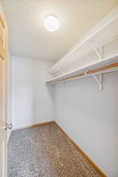 A white wall with a brown carpet and a white ceiling with a light on.