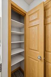A wooden door with a handle and shelves inside.