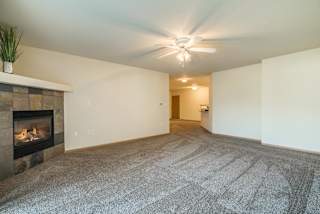 A living room with a fireplace and a grey carpet.