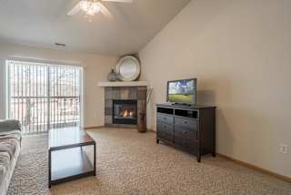 A living room with a fireplace, television, and a couch.