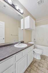 A bathroom with a sink, toilet, and a mirror.