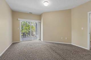 A room with a carpeted floor and a sliding glass door leading outside.