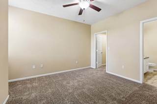 A room with a ceiling fan and carpeted floor.