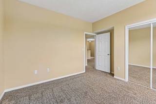 A room with a carpeted floor and a white door.