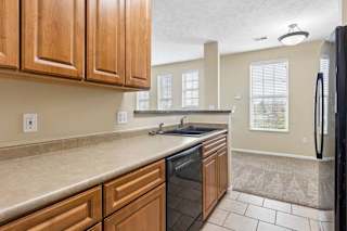 Apartment kitchen with wood cabinets, black dishwasher, double sink, tile flooring, and open living area.