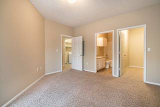A carpeted room with doorways leading to the hallway, bathroom, and closet