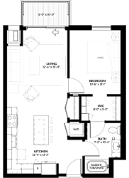 Aspen floor plan with 1 bedroom and 1 bathroom at The Rowan luxury residences in Eagan MN 55122