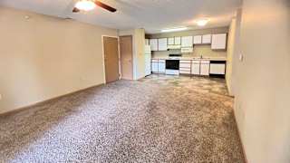 a spacious living room with a carpeted floor and a ceiling fan, and a kitchen with white and brown cabinets in the background
