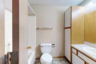 Apartment bathroom with single-sink vanity, wood-trim cabinets, large mirror, and tub-shower combination.