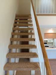 a carpeted staircase with a wooden handrail