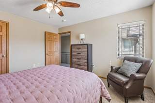 Apartment bedroom with neutral carpet, ceiling fan, dresser, and large bed in a bright, comfortable setting.