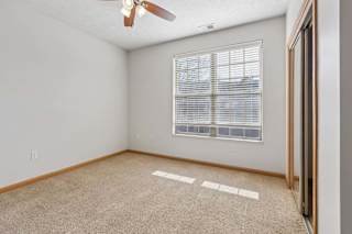 Sunlit apartment bedroom with a wide window, mirrored sliding closet doors, neutral carpeting, and a ceiling fan.
