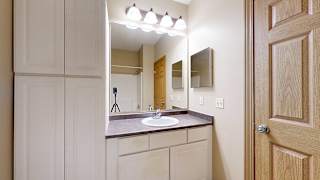 a bathroom with a sink, a mirror, and storage cabinets