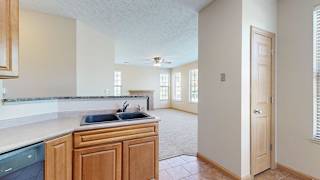 a kitchen with a sink and a pantry in front of a living room