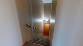 a staircase with a rail and a wooden door at the bottom