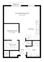 a 2D floorplan of the studio Bradford at The Conrad in Omaha, NE 68105