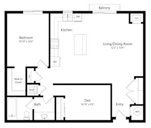 a 2D floorplan of the 1-bedroom Turner with Den at The Conrad in Omaha, NE 68105