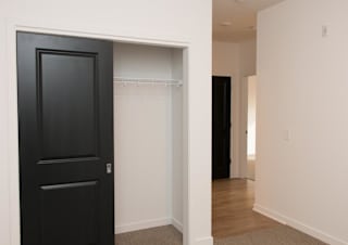 A black door is open to a closet