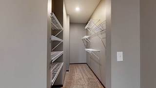 a long, narrow walk-in closet with shelving and a carpeted floor