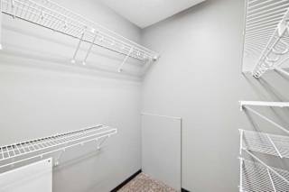 Empty white walk-in closet with shelves and hangers.
