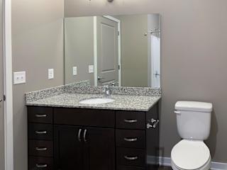 Dark brown vanity and mirror in the bathroom of the plum studio